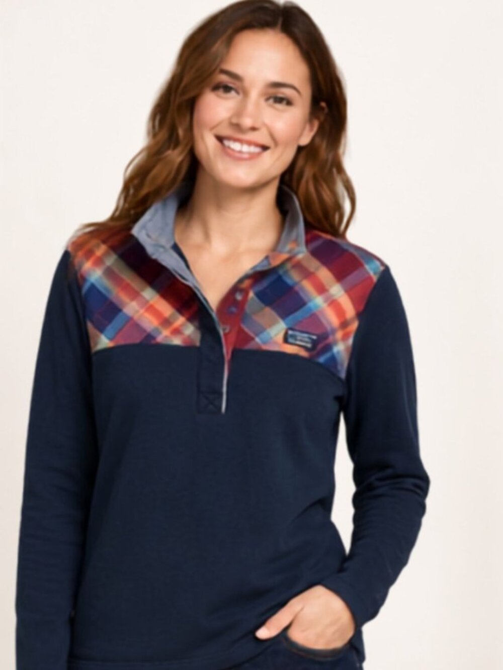 L.L.Bean Womens Large Regular Navy Plaid Yoke Button Neck Pullover Top